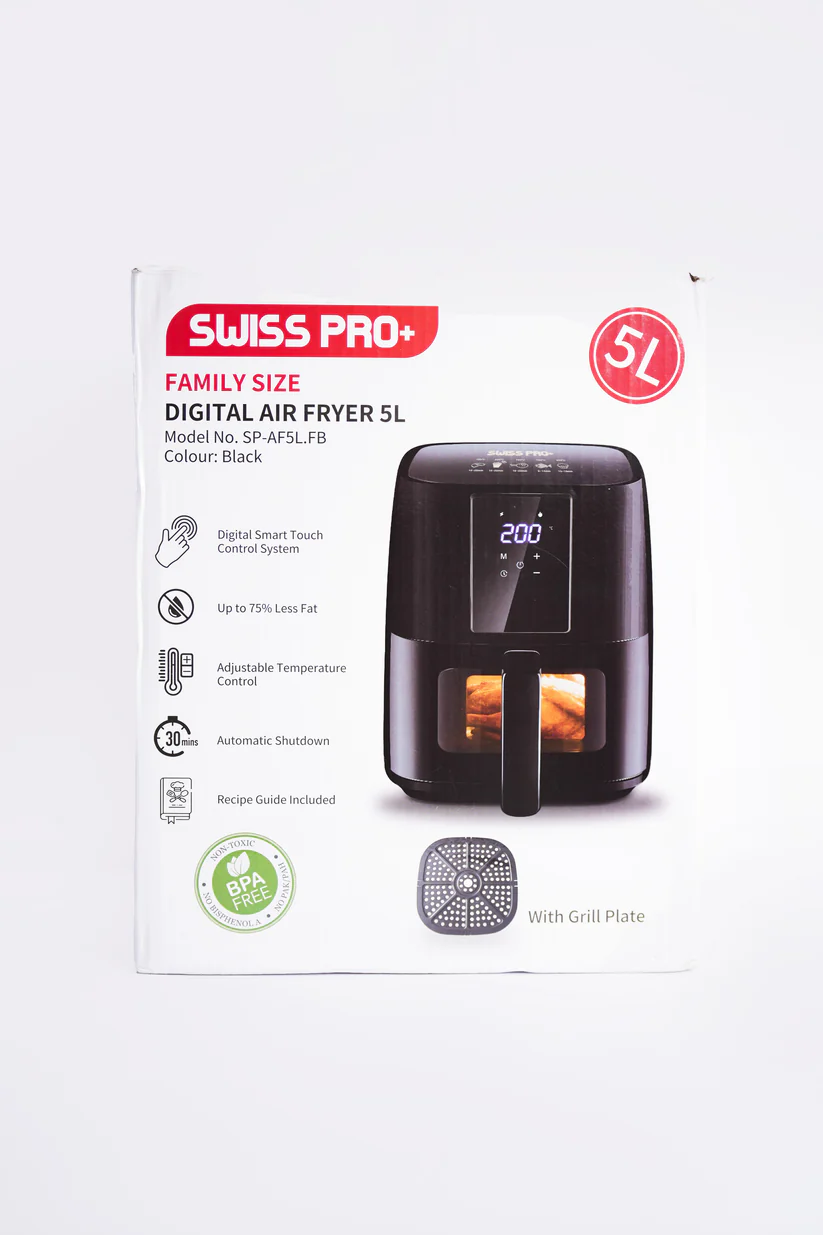 Swiss Pro+ Airfryer SP-AF5L - 5 Liter - Heteluchtfriteuse met Kijkvenster - Digitaal Touchscreen - 1450W - Geschikt voor 5 personen - Zwart