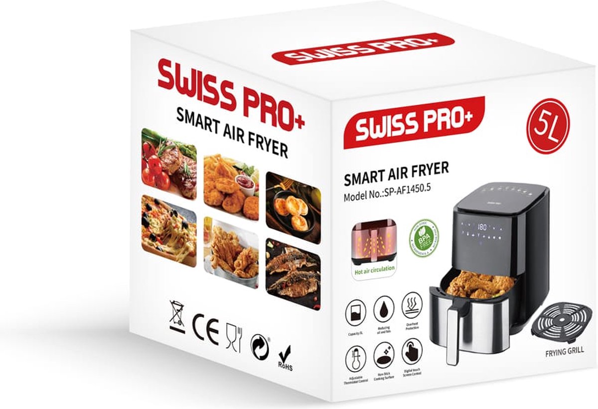 Swiss Pro+ Airfryer XXL - 5 Liter - Heteluchtfriteuse met Hero Air Technologie - Digitaal Touchscreen - 1450W - Zwart