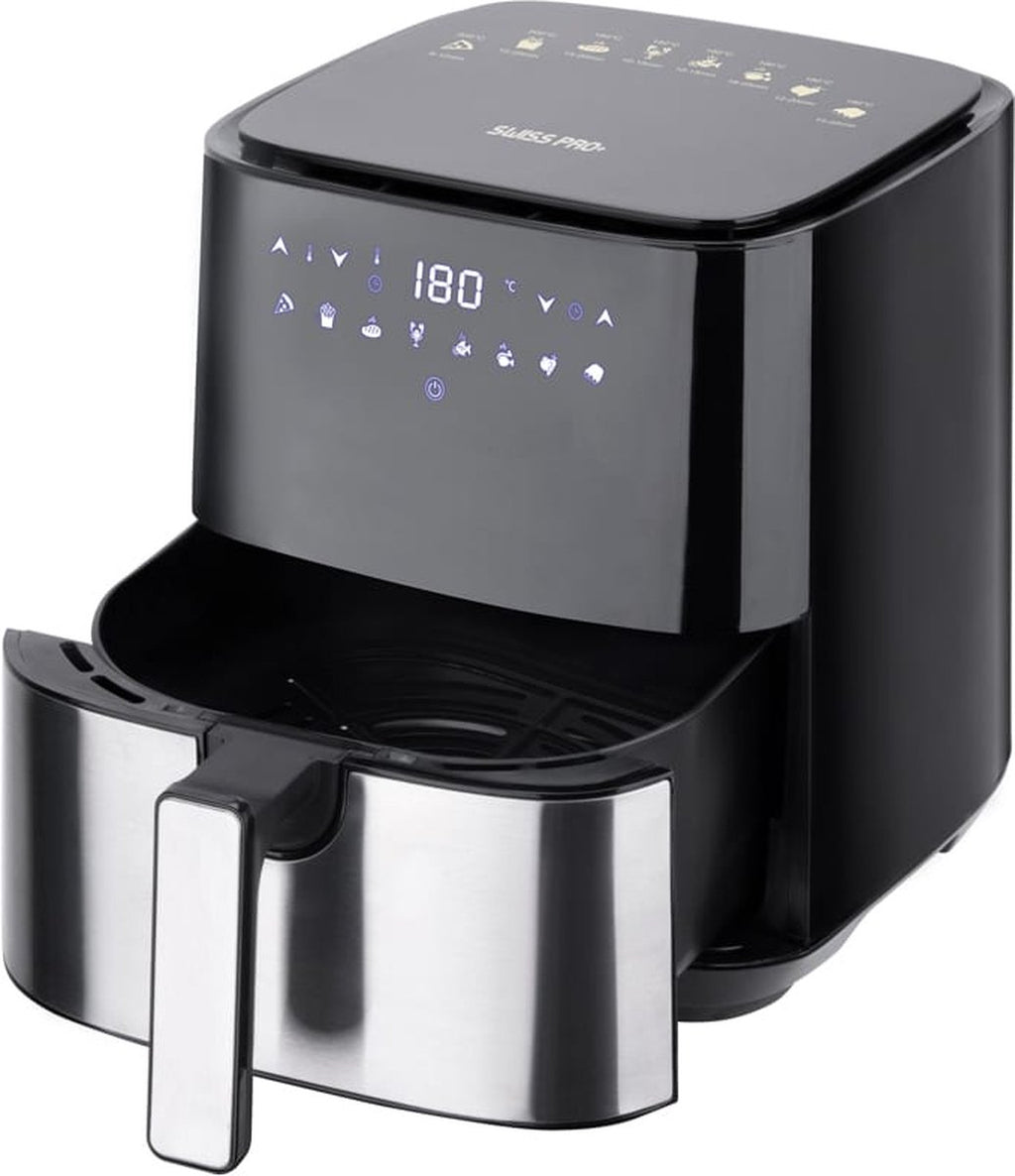 Swiss Pro+ Airfryer XXL SP-AF1450 met 5 liter inhoud, digitaal touchscreen en zwarte afwerking voor gezonder frituren."