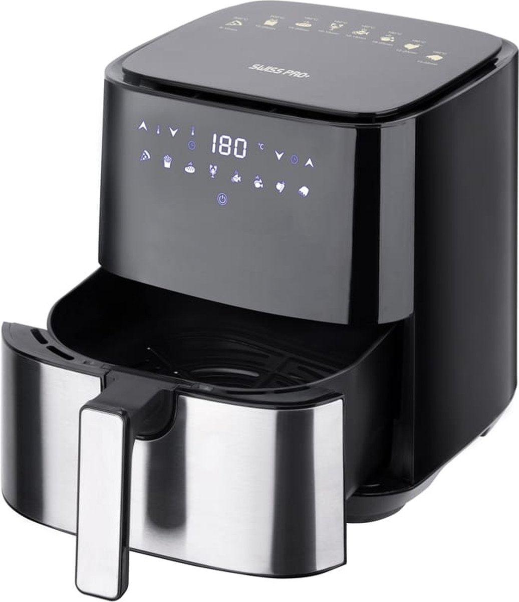 Swiss Pro+ Airfryer XXL SP-AF1450 met 5 liter inhoud, digitaal touchscreen en zwarte afwerking voor gezonder frituren."