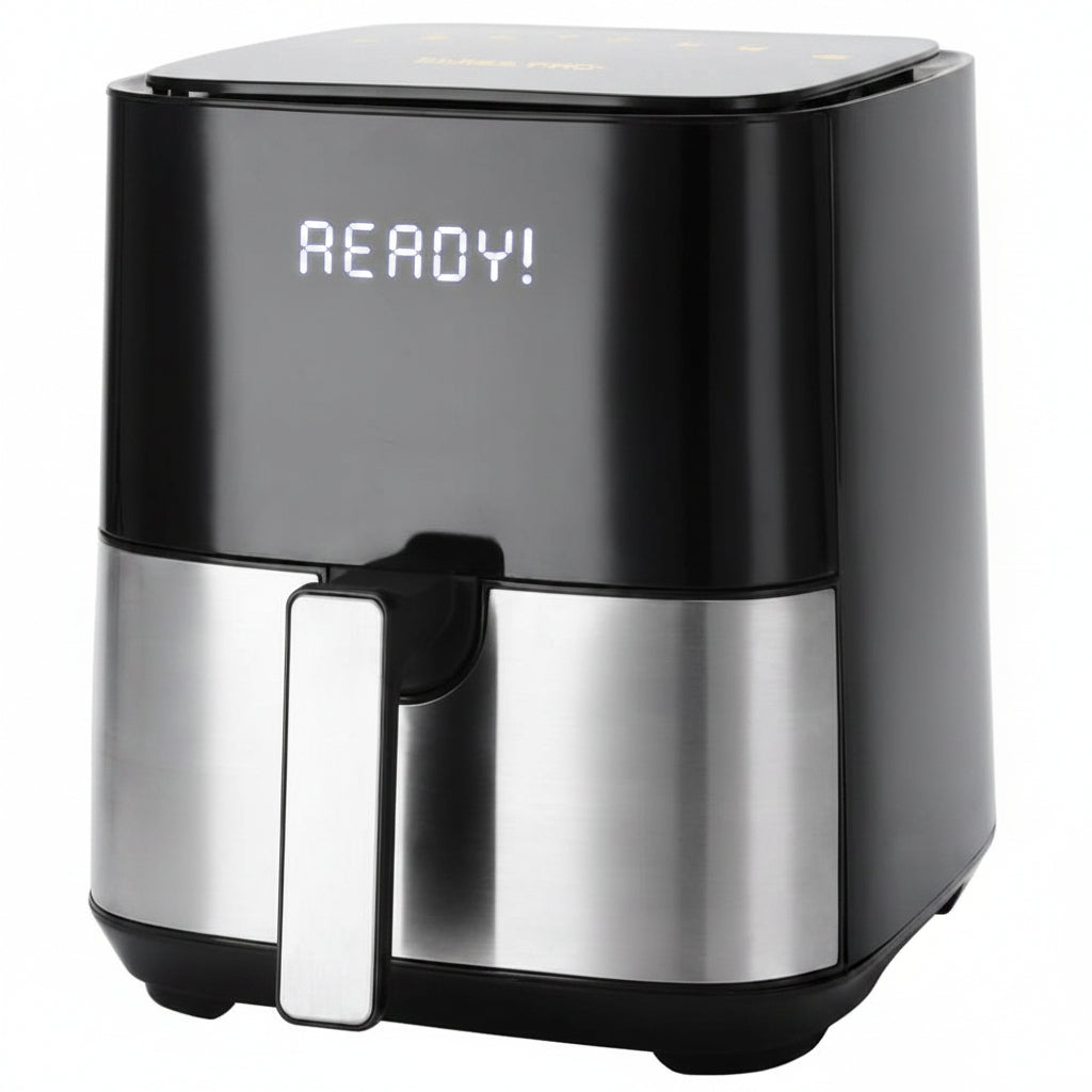 Swiss Pro+ Airfryer XXL SP-AF1450 met 5 liter inhoud, digitaal touchscreen en zwarte afwerking voor gezonder frituren."